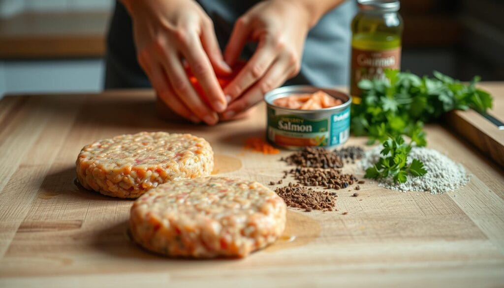 Homemade Canned Salmon Burger Preparation Homemade Canned Salmon Burger Preparation